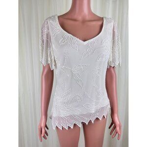 Women's Vintage Jkara Beaded Asymmetric Scalloped Hem V-Neck Blouse Top Size M